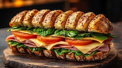 Wall Mural - A vibrant gourmet sandwich with layers of ham, provolone cheese, fresh spinach, and tomatoes on crunchy baguette slices. The sandwich is displayed on a rustic wooden board,