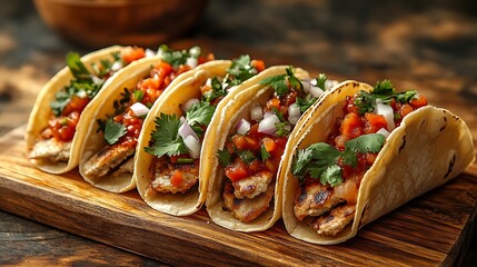 Wall Mural - A vibrant set of street tacos, each filled with colorful toppings like cilantro, onions, and spicy salsa, sitting on a rustic wooden board.