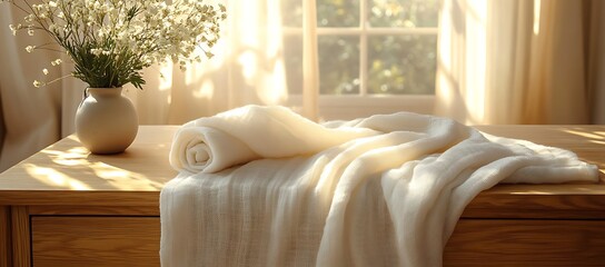 Wall Mural - White Fabric Draped on Wooden Table with Flowers in Vase