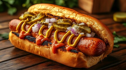 Wall Mural - Close-up of a hot dog in a toasted bun, piled high with mustard, ketchup, onions, and pickles. The background is a blurred picnic table scene,