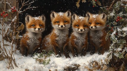 Canvas Print - Cute Red Fox Kits In Snow With Holly Berries