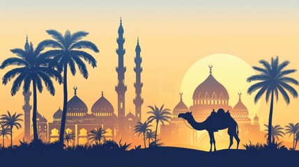 Wall Mural - Silhouette of a Camel and Mosque in the Desert