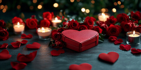 heart shaped Valentines Day gift box is beautifully surrounded by red roses and flickering candles, creating romantic and intimate atmosphere perfect for expressing love