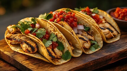 Wall Mural - Street tacos filled with grilled chicken, fresh cilantro, onions, and red salsa, served on a rustic wooden board. Warm lighting enhances the colors of the toppings,