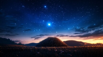 A breathtaking view of a starry night sky above a mystical haystack in a serene landscape, symbolizing hope, dreams, nature, wonder, and the cosmos.