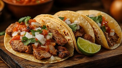 Wall Mural - Three street-style tacos filled with marinated meat, diced onions, cilantro, and a squeeze of lime, resting on a rustic wooden board. The salsa glistens under warm lighting,