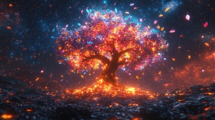 Wall Mural - Glowing Tree With Falling Leaves In A Starry Night Sky