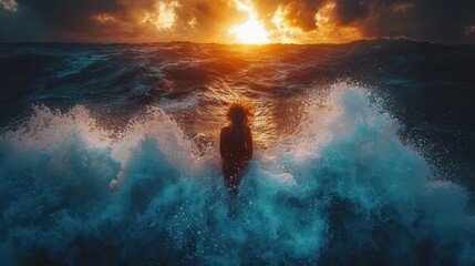 Canvas Print - Woman Standing in Ocean Waves at Sunset