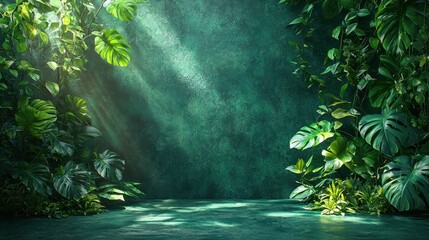 Wall Mural - Green Jungle Leaves  Tropical Background with Sunlight