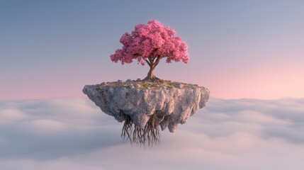 Poster - Floating Island with Pink Tree and Roots in Cloudy Sky