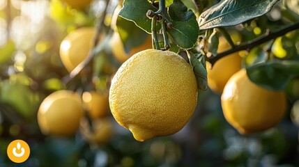 Canvas Print - Ripe Yellow Lemon Hanging From Branch In Citrus Orchard