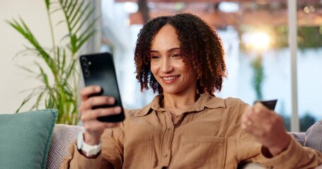 Poster - Happy woman, phone and online shopping with credit card on sofa for payment, banking or fintech at home. Young female person or shopper with smile or debit on mobile smartphone for ecommerce at house