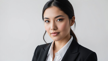 Close up young businesswoman wearing black suit isolated on white background