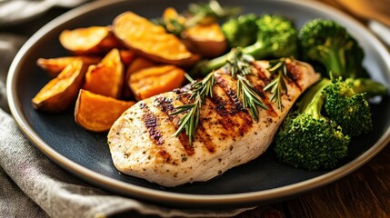 Grilled Chicken Breast with Roasted Sweet Potatoes and Broccoli