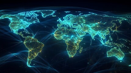 Fototapete - Glowing Digital World Map with Interconnected Lines Representing Global Networks