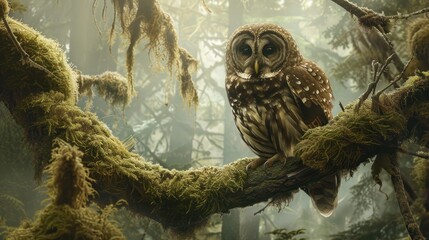 Canvas Print - A Barred Owl Perched on a Mossy Branch in the Mist