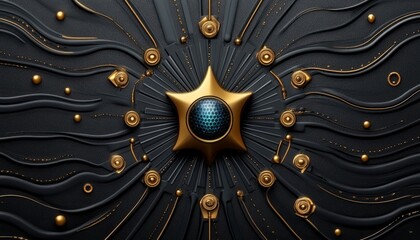 Wall Mural - Abstract Black and Gold Background with a Star and a Blue Sphere