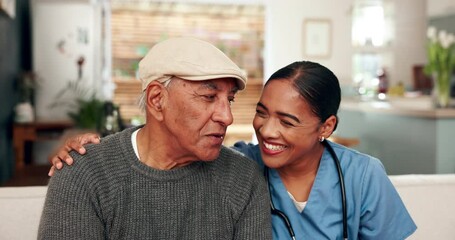 Poster - Happy, nurse and elderly man on sofa for support, hug and relief for positive diagnosis. Senior person, caregiver and care in nursing home with healthcare, trust and recovery in assisted living