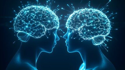 Futuristic couple with metallic puzzle-piece brains, neural connections sparking like electric webs between them, set against a holographic data matrix, Cyberpunk, Neon Lighting, Digital Art