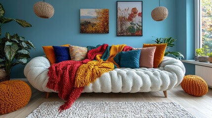 Wall Mural - Cozy Living Room with White Sofa  Colorful Pillows  and Throw Blankets