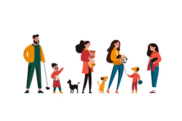 A colorful illustration of a family enjoying time with their pets, showcasing various interactions and joyful moments.