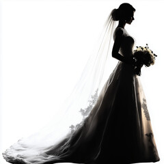 A romantic silhouette of a bride in a traditional wedding dress, holding a bouquet of flowers