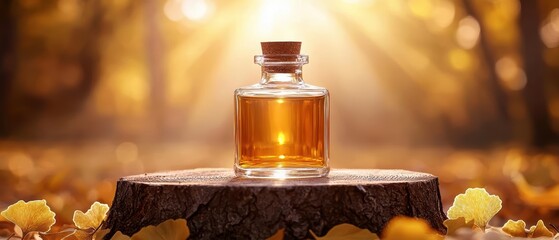 Glass bottle with amber liquid on a wooden stump, surrounded by fall leaves and sunlight.