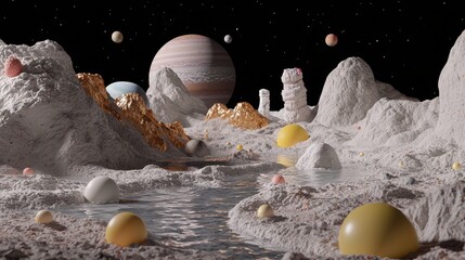 Wall Mural - Surreal Alien Landscape with Mountains  Planets  and Water