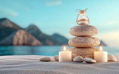 Zen stones stacked on sand with candles, ocean and mountains in the background.