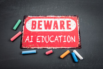 Sticker - ai education. beware sign with text and colored pieces of chalk on a dark chalkboard background