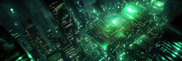 Wall Mural - digital background featuring green glowing data and circuit board, with dark black tones