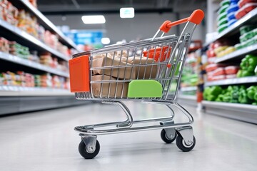 A close-up of a shopping cart wheel, moving through a store as customers shop for groceries or household items