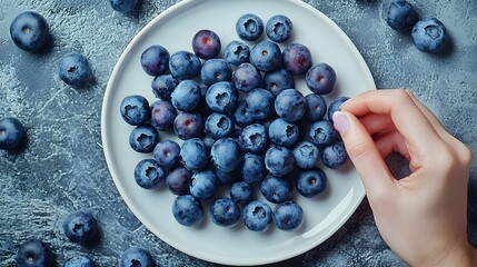 A delicate hand picking fresh blueberries from a white plate.