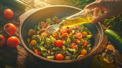 A hand drizzles olive oil over a vibrant vegetable salad in a wooden bowl.