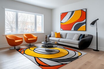 A modern living room with bold artwork, a statement rug, and contemporary furniture