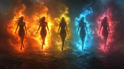 Sticker - Five Female Figures Walking Through Flames  Mystical Fantasy Art  Abstract Concept  Fire and Water