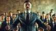 © Oulaphone - A suited leader stands confidently in front of a group, conveying authority and influence amidst a backdrop that suggests power dynamics.
