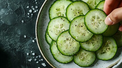 Fresh cucumber slices with seasoning on a plate, ready to serve.