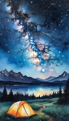 Wall Mural - starry watercolor colorful landscape way night gouache milky moon galaxy sky telescope science outer glow cloud cosmos sunset pink violet midnight light aurora constellations starry abstract art