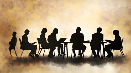 Wall Mural - Group of professionals engaged in a meeting, silhouettes on a warm background.