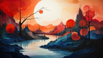 Wall Mural - Surreal Landscape with Red Sun