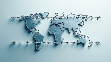 A world map with fences and barriers drawn between continents, trade fencing, economic protectionism concept