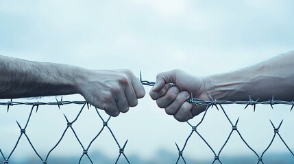 Hands exchanging goods across a spiked fence, symbolizing difficult trade relations, cross-border trade barrier, international commerce struggle