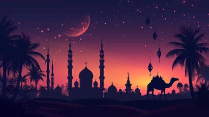 Wall Mural - Silhouette of a Camel in Desert with a Mosque and Crescent Moon