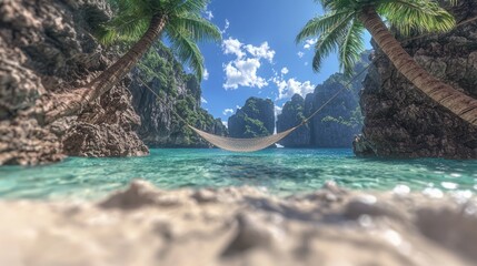 Wall Mural - Hammock Between Palm Trees and Cliffs on Tropical Beach