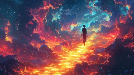 Wall Mural - Silhouette of a Person Walking on a Path of Fire and Light in a Dreamy Night Sky