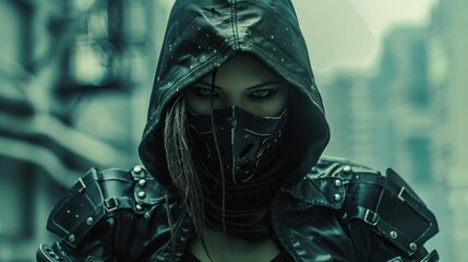 Cyberpunk style mysterious hooded warrior woman with dagger cybernetic background AI generated image