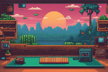 A retro gamer themed scenic background in a pixel art style