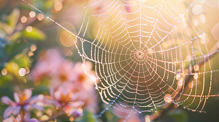 A close-up of a spider web glistening with dew drops in the morning light captures the delicate beauty of nature for plants & flowers.