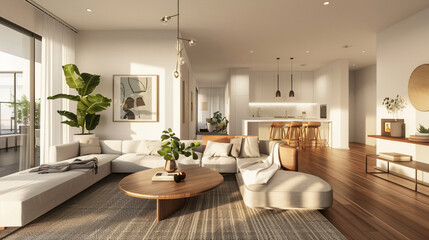 Modern interior illustration of a spacious living room featuring a sectional sofa, wooden coffee table, and green plants, designed for home decor and lifestyle.